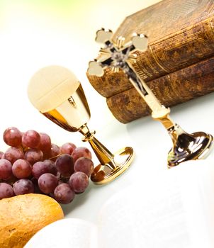 Christian holy communion, bright background, saturated concept