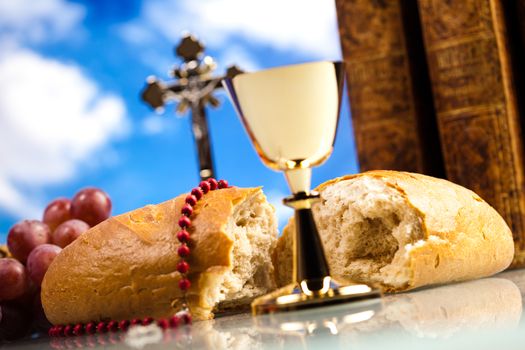 Christian holy communion, bright background, saturated concept
