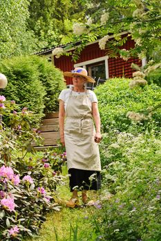 Senior woman standing in her garden, She is surrounded by bushes. There's a red house partly seen in the background. She's wearing an apron