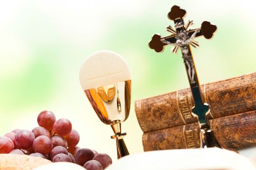 Christian holy communion, bright background, saturated concept