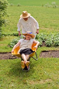 Senior man carries a senior woman in a wheelbarrow outdoors near a vegetable patch. They're laughing and having fun.