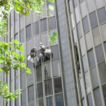 group of workers cleaning windows service on high rise building