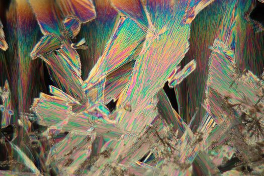 Crystals of acetylsalicylic acid under a microscope. The crystals are precipitated from a solution on a microscope slide and photographed in polarized light.