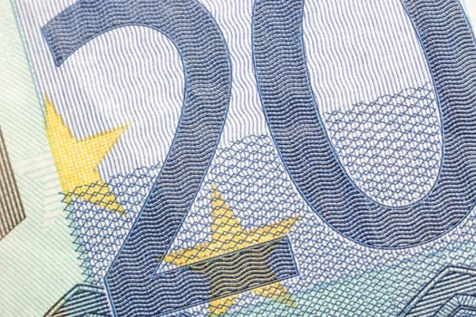 Euro banknotes, detailed text on a new 20 euro banknotes. Macro euro concept