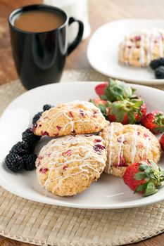 Orange Cranberry Scone with fresh fruit.  Shallow depth of field.