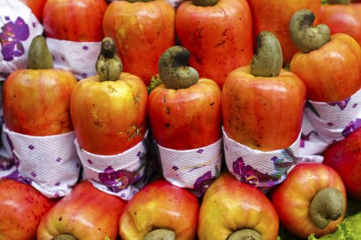 Exotic fruit Brazilian caju cashew exposed in the Market