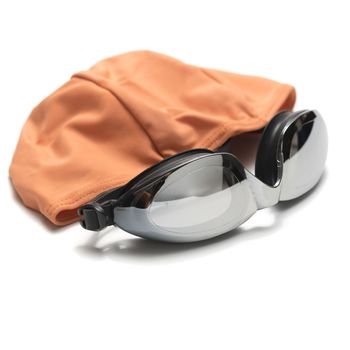 swimming goggles and towel isolated on white background