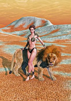 3D digital render of a beautiful young woman and a lion on a desert landscape background