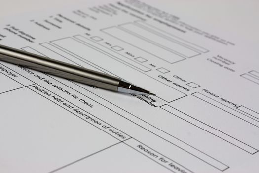 Close up of an application form to be completed