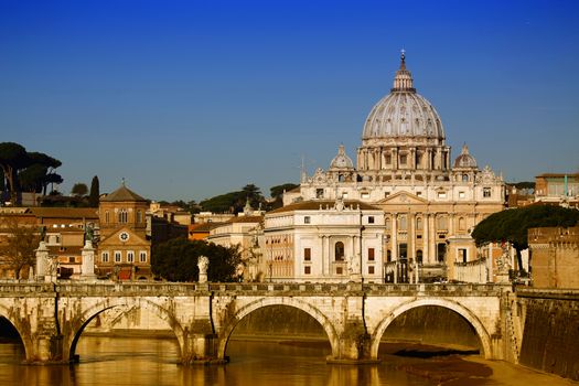 view of panorama Vatican City from Ponte Umberto I in Rome, Italy 