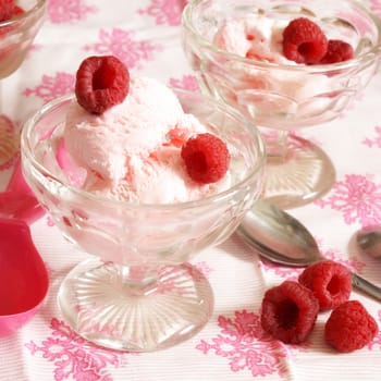 A delicious cup of frozen raspberry ice cream topped with fresh fruit.