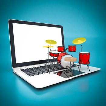 Drum kit isolated and white laptop on a blue background
