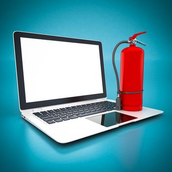red fire extinguisher and white laptop on a blue background