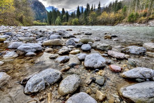 Rocks in the flowing river at the mountains