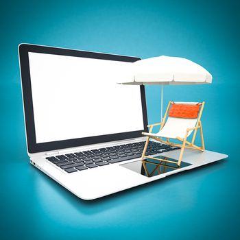 Beach chair and umbrella and white laptop on a blue background