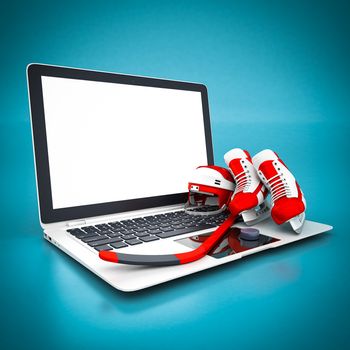 hockey equipment and white laptop on a blue background