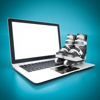 Roller skates and white laptop on a blue background