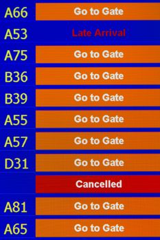 Airport departure board in terminal with flight information