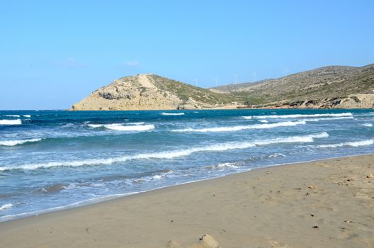 South of Rhodes Island - Parsonisi, foreland, border between Aegon Sea and Mediterranean Sea. Big, open beach. 
