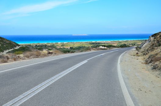 South part of Rhodes, road between Kattavia and Appolakia, beautiful landscape with turquoise Aegon sea. 