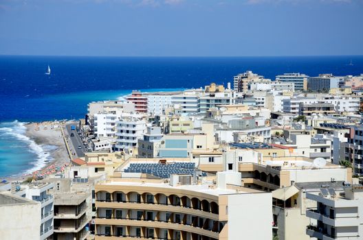 General cityscape of Rhodes city in Greece. Famous holiday resort. View from acropolis hills.