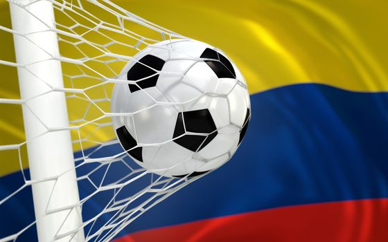 Colombia flag and soccer ball, football in goal net