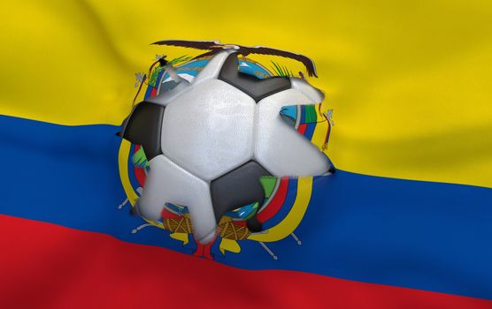 Flag of Ecuador and soccer ball, hole in flag