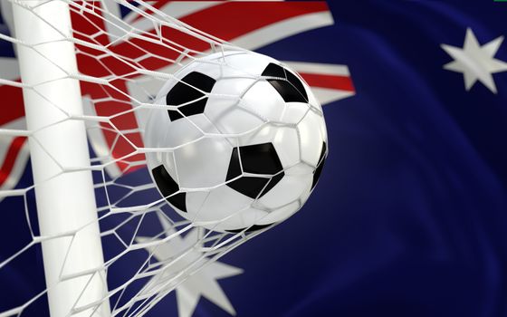 Australia flag and soccer ball, football in goal net