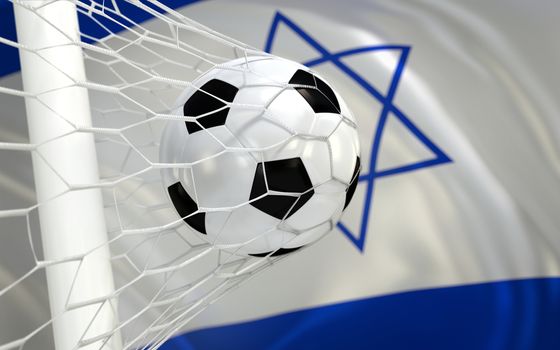 Israel flag and soccer ball, football in goal net