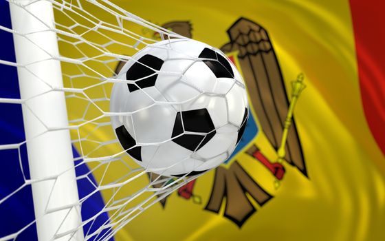 Moldova flag and soccer ball, football in goal net