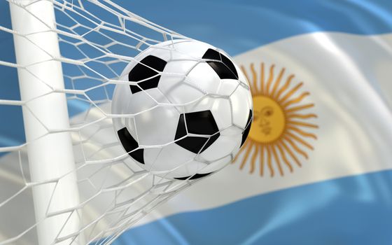 Argentina flag and soccer ball, football in goal net
