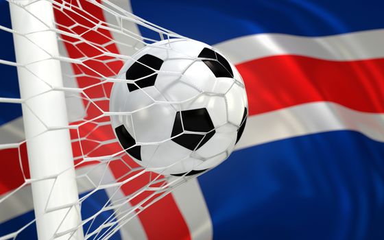 Iceland flag and soccer ball, football in goal net