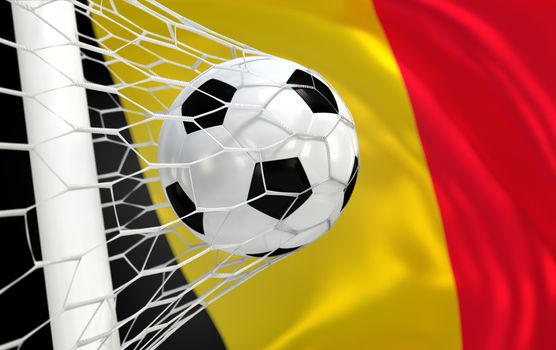 Belgium flag and soccer ball, football in goal net