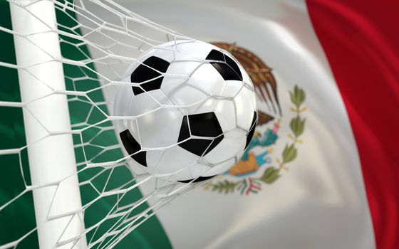 Mexican flag and soccer ball, football in goal net
