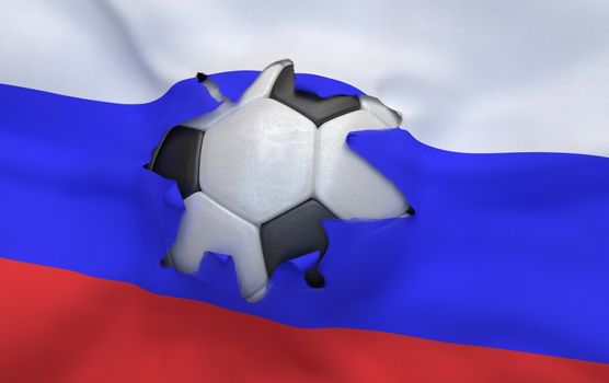 Flag of Russia and soccer ball, hole in flag