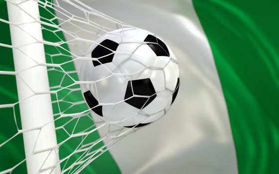 Nigeria flag and soccer ball, football in goal net