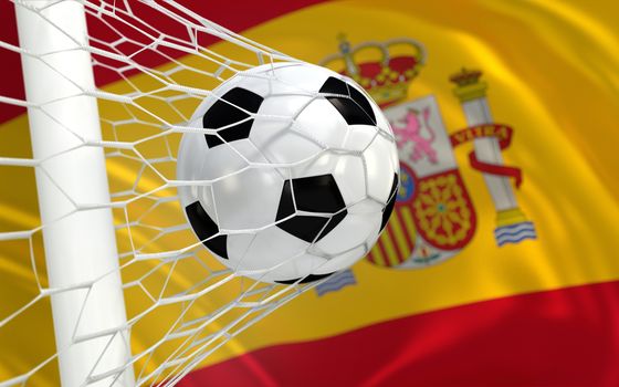 Spain flag and soccer ball, football in goal net