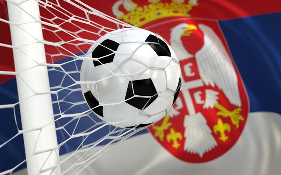 Serbia flag and soccer ball, football in goal net