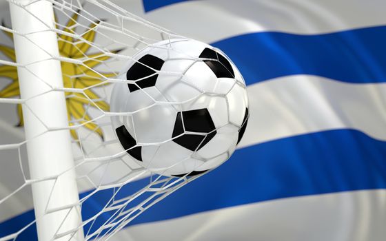 Uruguay flag and soccer ball, football in goal net