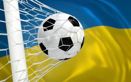 Ukraine flag and soccer ball, football in goal net
