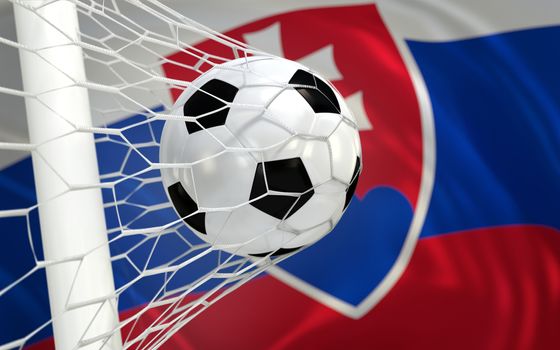 Slovakia flag and soccer ball, football in goal net