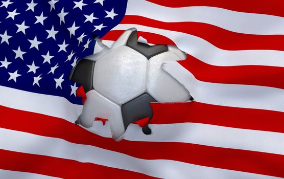 Flag of USA and soccer ball, hole in flag