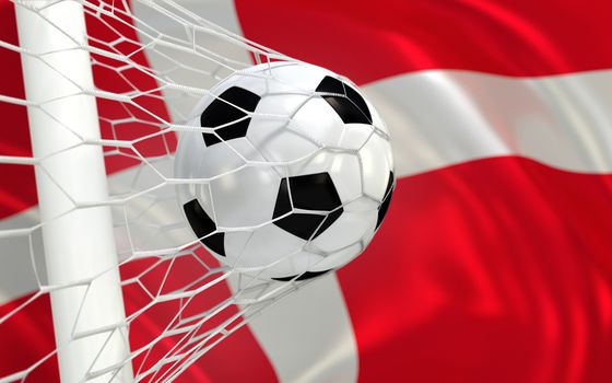 Denmark flag and soccer ball, football in goal net