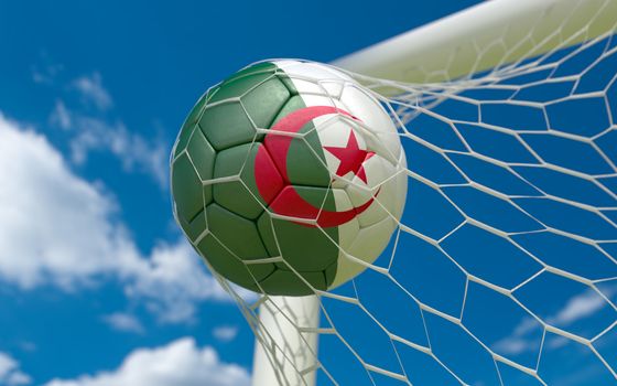 Algeria flag and soccer ball, football in goal net