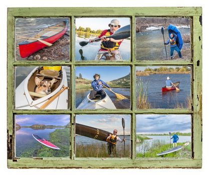 paddling vacation or recreation  concept - paddling kayak, canoe, SUP and packraft through vintage window, all pictures copyright by the photographer with the same model (self)
