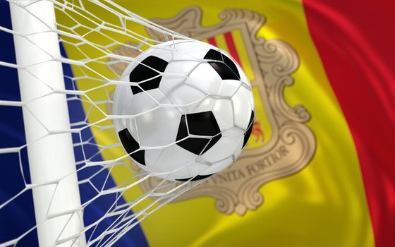 Andorra flag and soccer ball, football in goal net