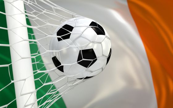 Ireland flag and soccer ball, football in goal net