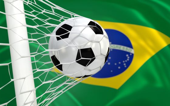 Brazil flag and soccer ball, football in goal net