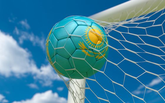 Kazakhstan flag and soccer ball, football in goal net