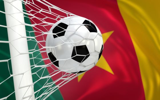 Cameroon flag and soccer ball, football in goal net